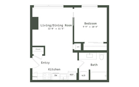 Floor plan for 1 bed, 1 bath, 544 sqft